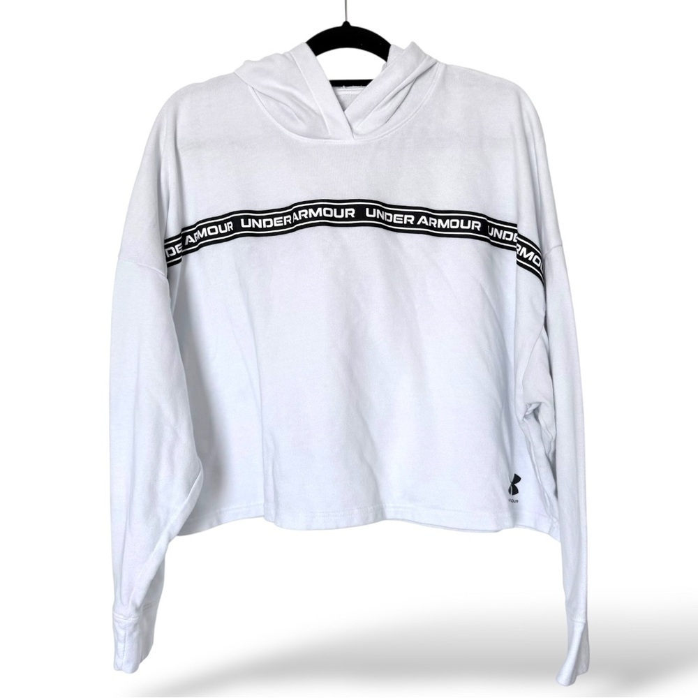 Under Armour Rival Terry Crop Hoodie Women’s XL White Logo Tape Cropped Pullover